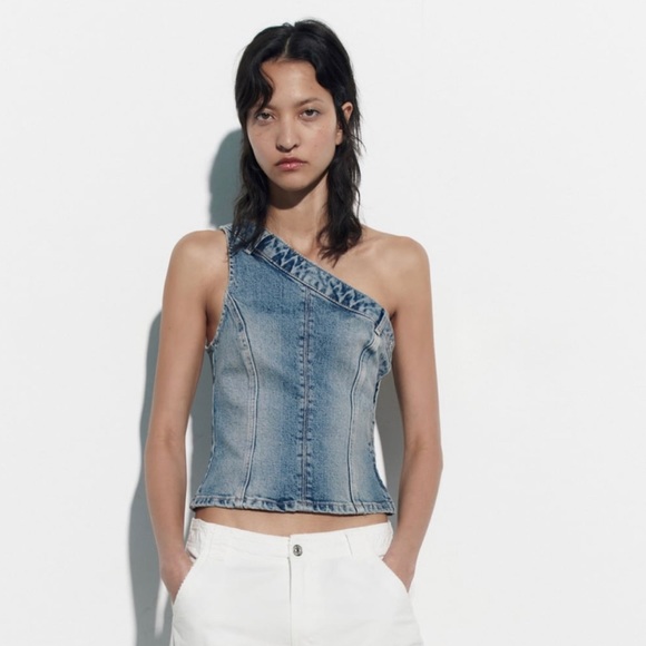 NWT ZARA Asymmetrical denim top, XL - Picture 3 of 5